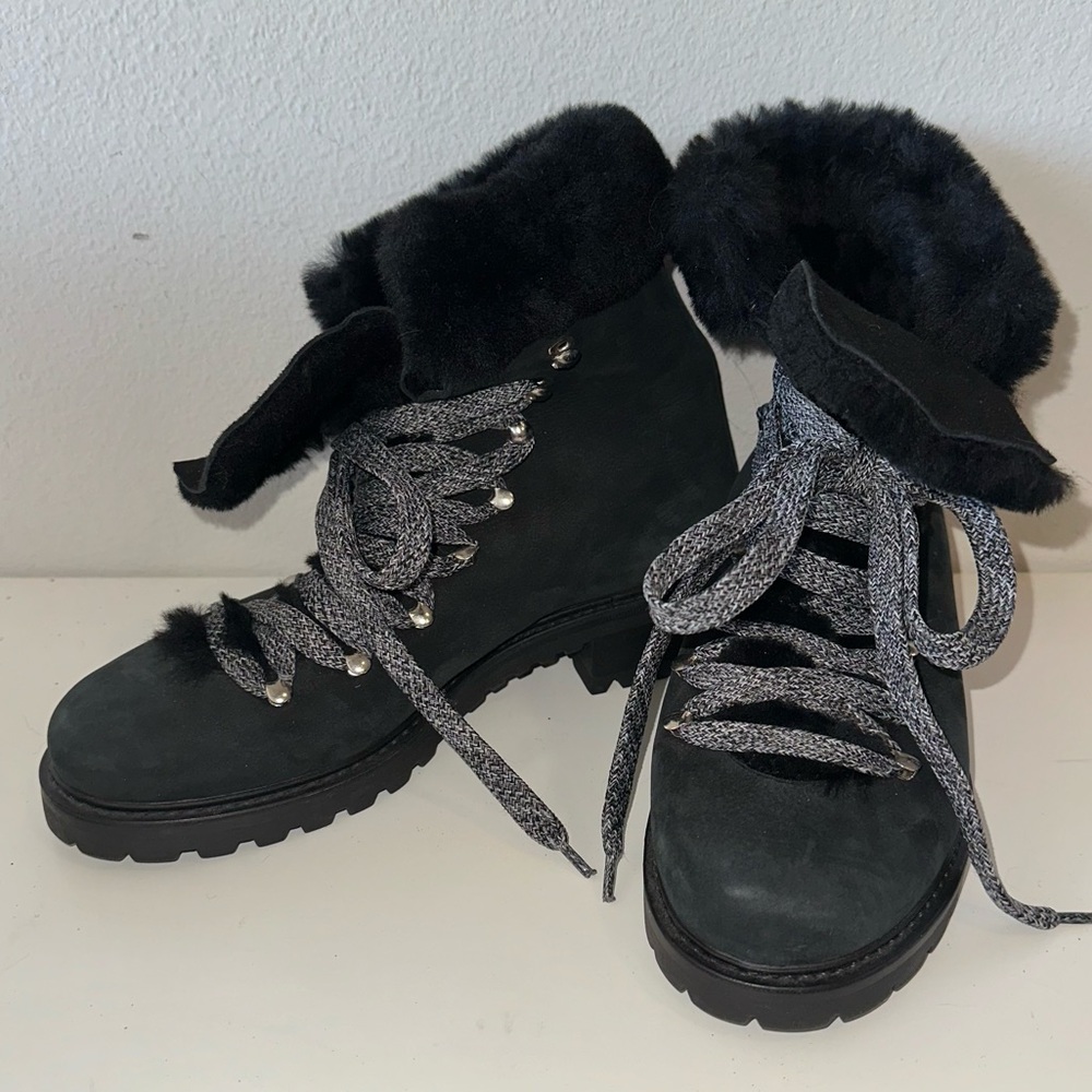 Barneys New York Womens Black Suede Faux Fur Lace Up Combat Boots 8.5 39.5 Italy